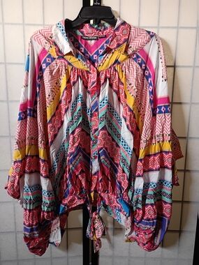 Tolani Collection Colorful Patterned Women's Boho Peasant Top - Multi